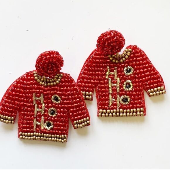 Red and Gold Boho Seed Beaded Ho Ho Ho Ugly Christmas Sweater Earrings - Picture 2 of 10